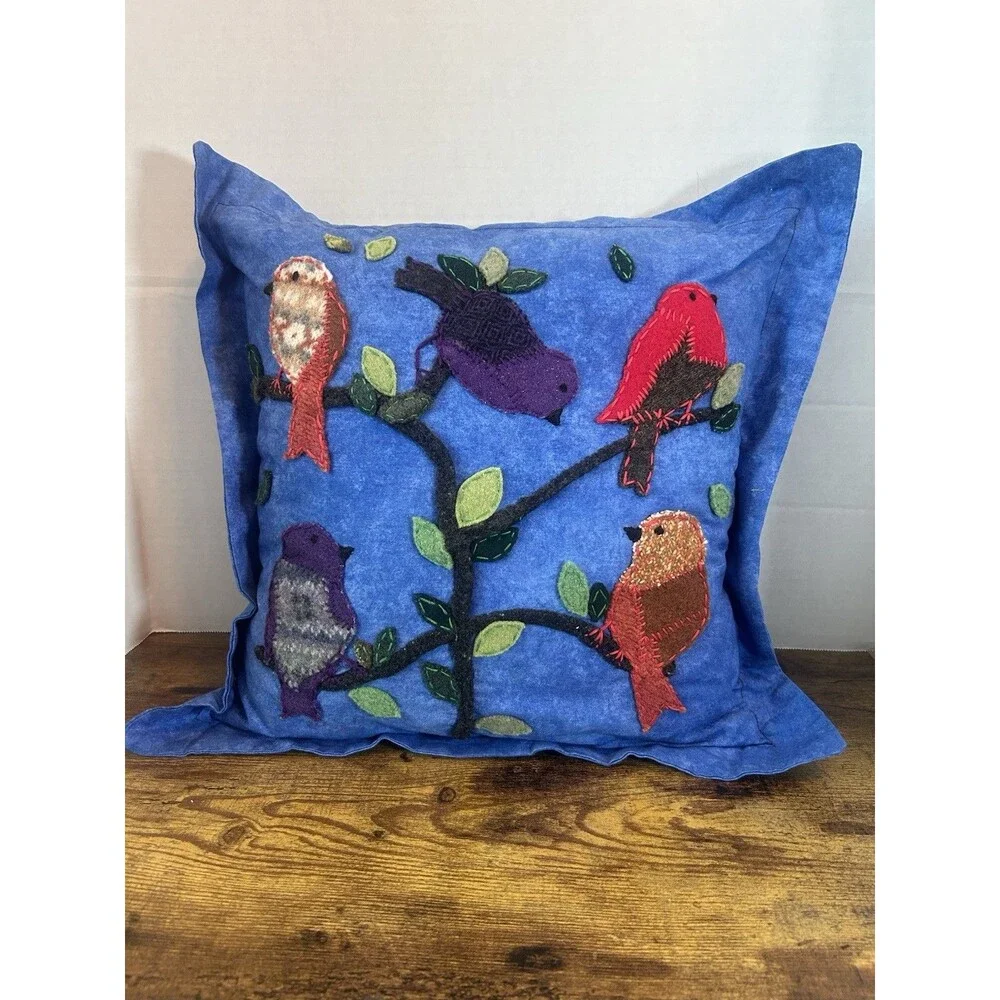 Handmade Blue Bird Pillow Cover Folk Art Throw Cushion 17x17 Removable Case